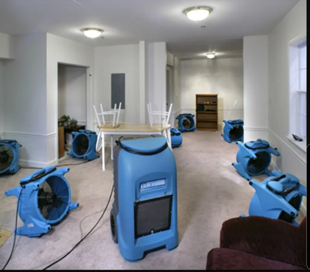 Air movers and dehumidifier setup for Water Damage Restoration in West Springfield
